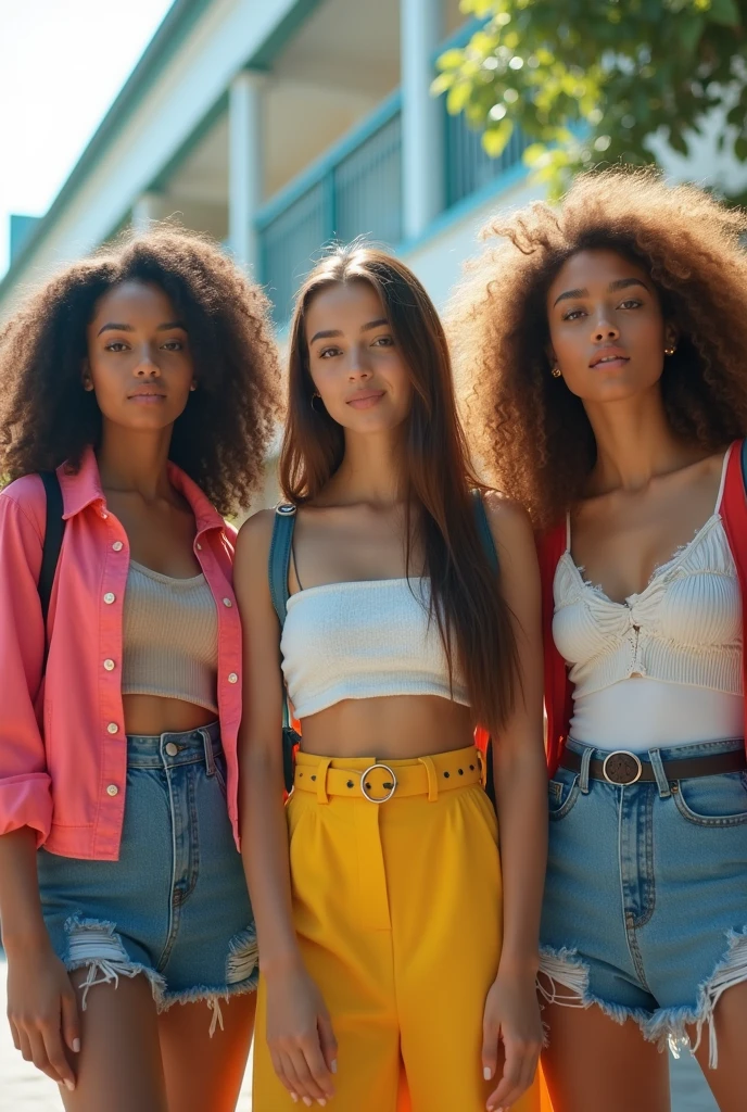 Photo of a girl in skater fashion and her male and female friends. Everyone is wearing a tank top. It's a cool and stylish image.