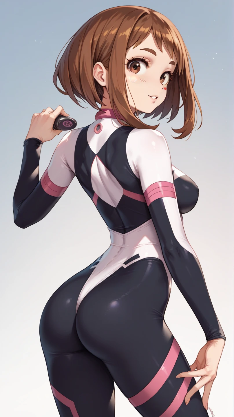 (side angle), ochako uraraka, brown eyes, brown hair, (aego)short hair, blush, blush stickers, bodysuit, skin tight, superhero, slender body, tiny waist. sexy body, sexy figure, slim legs, slim figure, sexy, tiny waist, desireable, tempting, lust, butt, back view, back, dos, fesses , yoga pants, poches arrières pantalon, bottes noires 