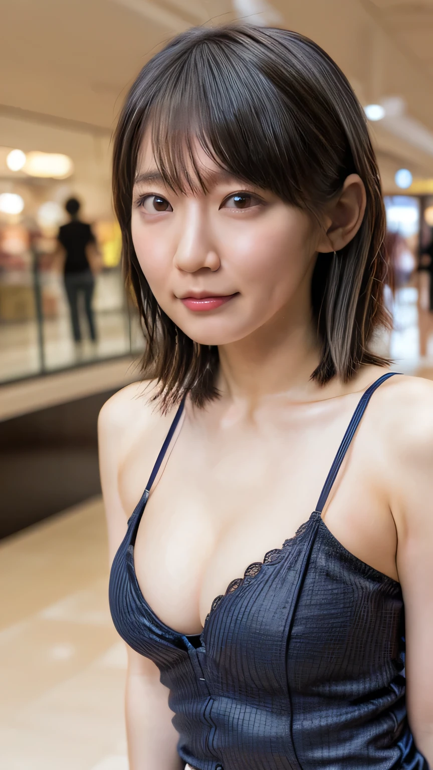 female 1 person、Beauty、 beautiful face、Angry face、 perfect styles、(Riho Yoshioka:1.3)、(( cleavage))、(((Front View)))、(((((slouch)))))、(((A loose camisole with a loose chest))),((( exhibitionist))), super real 、 super high resolution、 best quality、8k、masterpiece、((( shopping mall)))、( looking at the camera),
