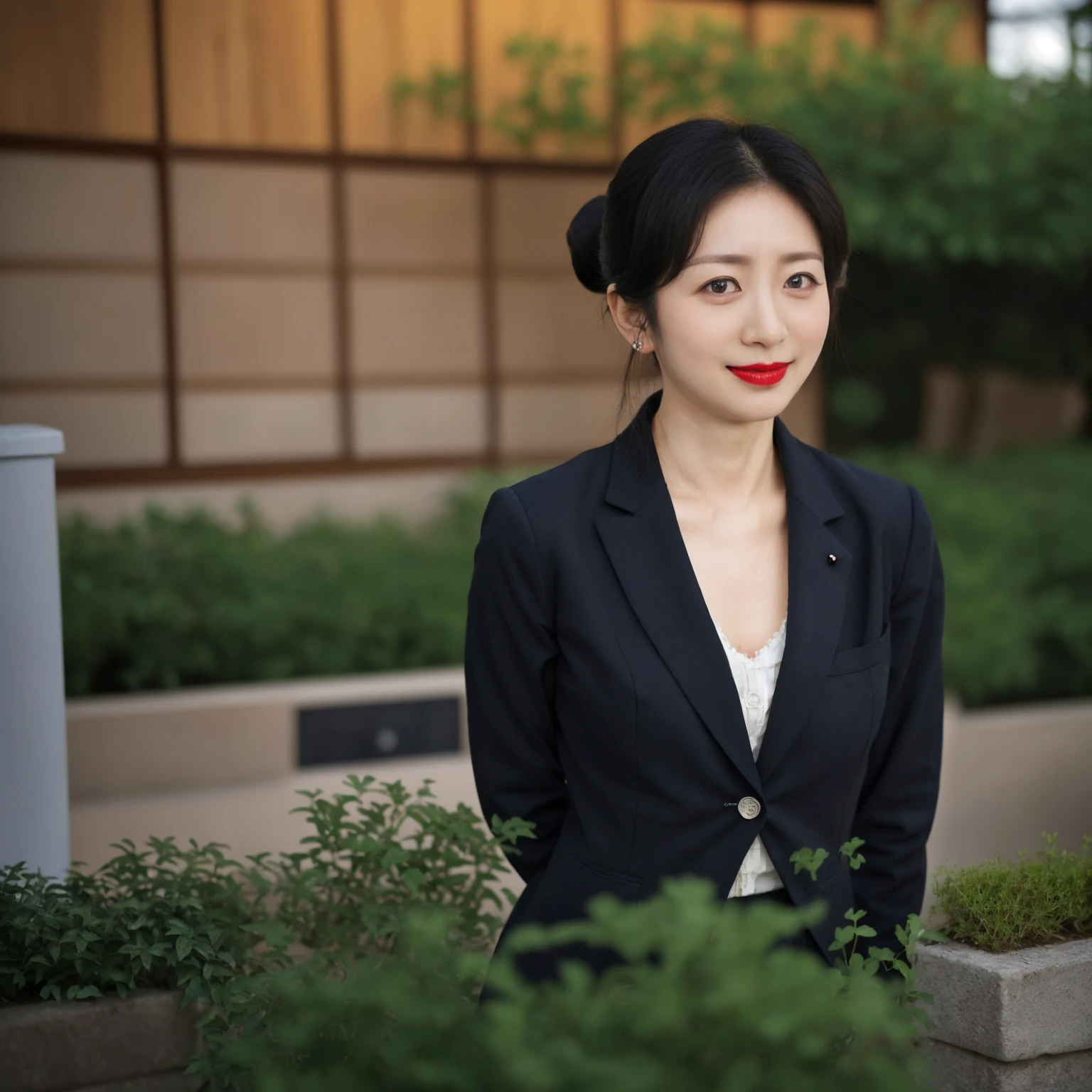 ( realistic ), masterpiece,  best quality, Highest detail,  professional photo , ((( 1 Japanese Mature))), (((Alone))), ((60 years old)), ((old woman:1.25)),  black hair up to the shoulder , Thick eyelids , (A slight smile), (Red lipstick),  plump face, Charming,  sex appeal , (( small bust:1.35)),  pie pan,  slender,  blazer,  skirt,  shirt, ( facing the front), (((whole body:1.25))), (upright), Turf. squirt, (garden)