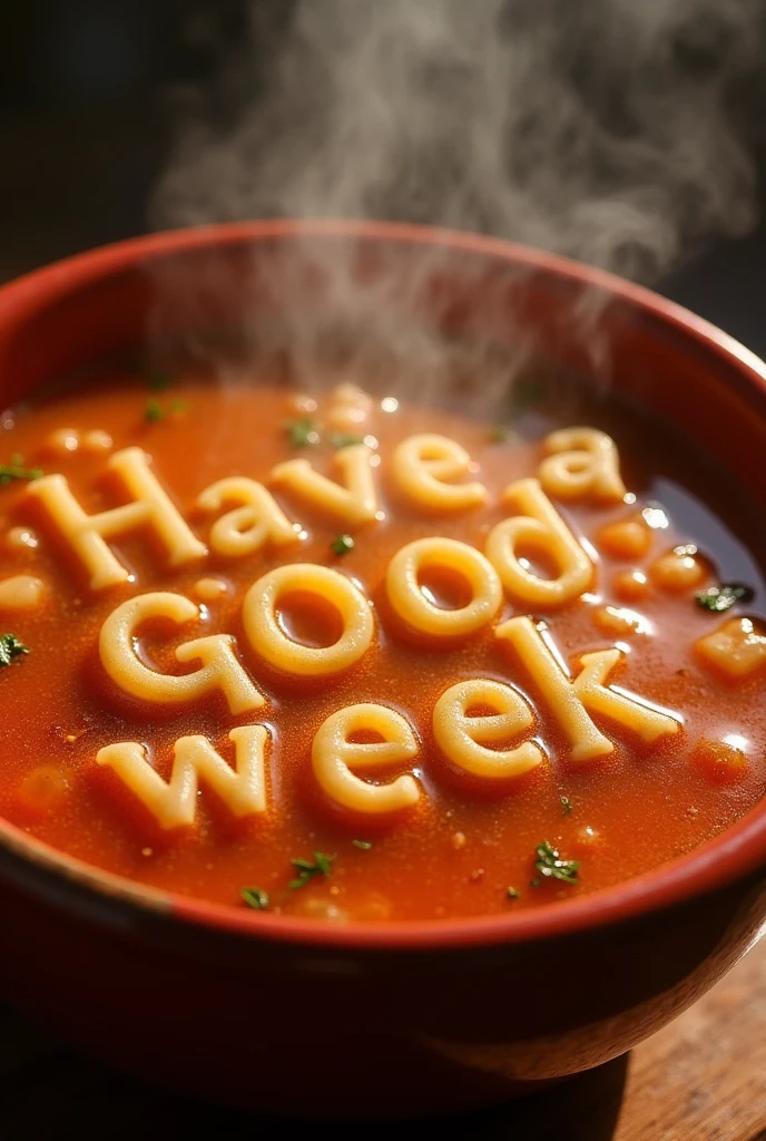 Create a mouth-watering, hyper-realistic image of a steaming hot bowl of alphabet soup, with noodles that spell out the phrase 'Have a good week' in a playful, whimsical way. The soup should be depicted in exquisite detail, with a rich, savory broth and tender, perfectly cooked noodles that seem to float on the surface. The alphabet noodles should be arranged in a clever, artistic way, with each letter carefully crafted to spell out the phrase in a clear, easy-to-read font. The bowl should be rendered in intricate detail, with a warm, comforting glow that seems to emanate from within. The overall effect should be one of appetizing, nostalgic charm, as if the viewer is being transported back to a cozy, comforting meal from their hood.