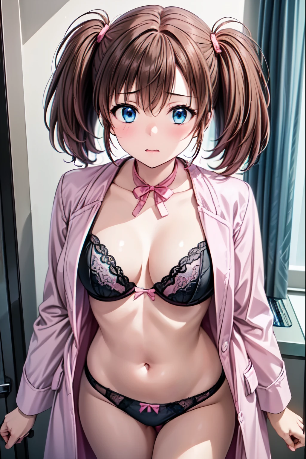  best quality、 high image quality、( one girl、solo:1.5)、difficult、 Tomochka Dannoura、Brown Hair、( blue eyes)、 twin tails、Shut your mouth、( black underwear、  pink underwear:1.5)、( pink underwear :1.15), White Coat、White handbag、White clothes、8K images 、 standing、Hospital room、 sharp、Short sleeve、 best quality