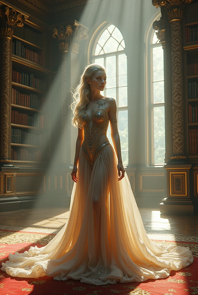 A beautiful vampire woman with dark sunglasses, short wavy blonde hair, a stylish white dress, standing in a dimly lit library