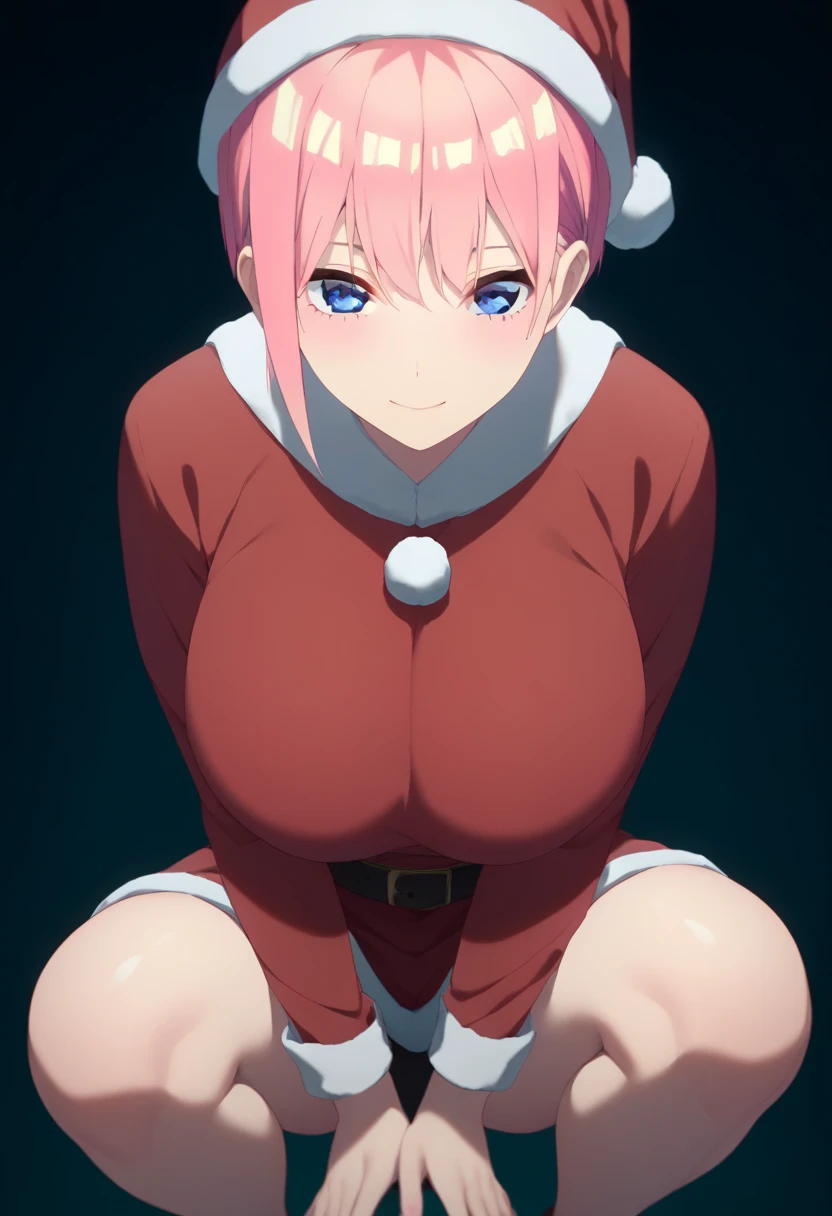 ichika nakano, short hair, bangs, blue eyes, hair between eyes, pink hair, face forward、 huge breasts、valley、Crouching、Put your hands on your knees、 Santa Claus cosplay、