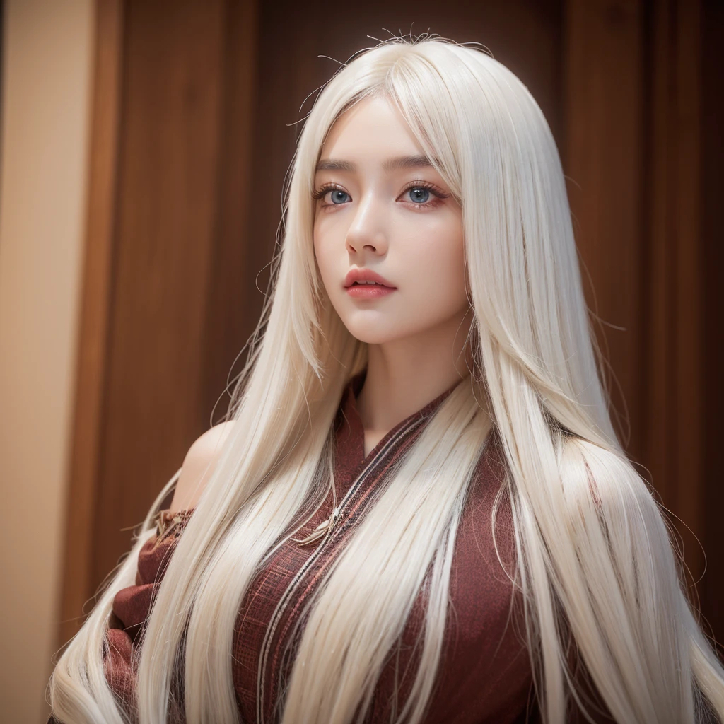 a beautiful detailed 1girl, extremely detailed eyes and face, long silky white hair, beautiful   Brown eyes with subtle red gradation, looking at viewer, realistic, photorealistic, photo-realistic, HDR, 8k, high quality, masterpiece, professional, ultra-detailed, vivid colors, studio lighting 