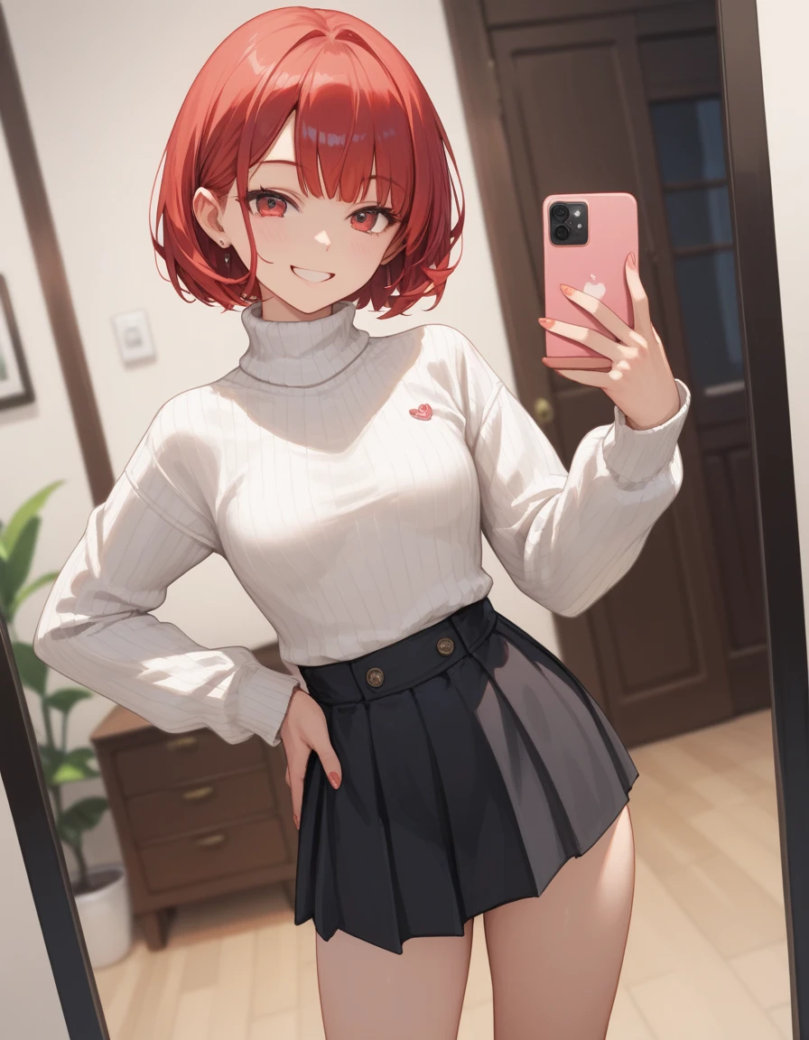 (masterpiece, best quality, long shot, detailed finger), anime style, Selfie angle, 1 woman, 29 years old, small breast, red bob hair, white loose turtleneck sweater, black skirts, short boots, in her room, hand on waist, little smile