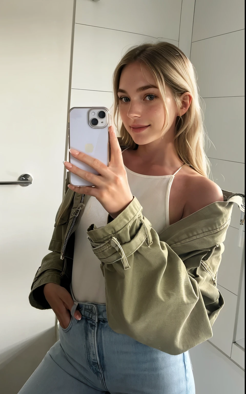 a one woman, americana, age 25, pale skin and freckles, grey-eyed, delicate nose, soft and delicate lips, distant, distant, wavy, waist-length blonde hair, Sweet smile, face with delicate feminine facial features, Highly Rendering, golden bracelet, corpo proporcional