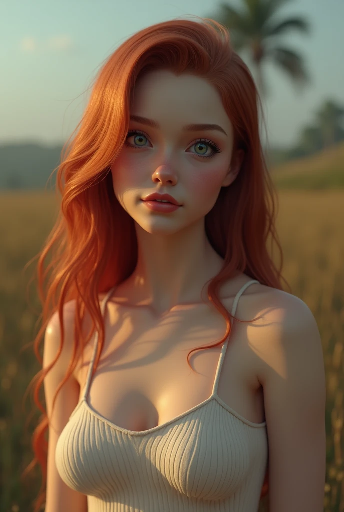 selfie, 1girl in, 19, Solo, Aesthetic artwork, irish redhead, wavy ginger hair, shoulder length ginger hair, (gray eyes), light grey eyes, some small freckles, pale skin, (giant breasts:1.2), curvy body, detailed skin texture, (extremely detailed 8k wallpaper), soft lighting, high quality, film grain, Fujifilm XT3 sharp focus, f 5.6, 50mm, High Detail, Sharp focus,(natural light), (wearing a tank top), tank top, (cleavage), (miniskirt), crazy details, complex details, hyper detailed, voluptuous