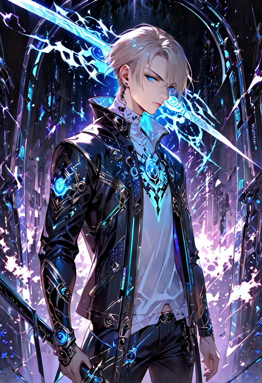 armed,weapon, holding weapon,stylish boy, beauty face, fantasy character, aura art, ethereal atomosphere,interface design, digital artwork, futuristic design, glow neon, glow button, inside futuristic rectangular frame, he fight with glowing sword, global illuminaton, energy burst from sword