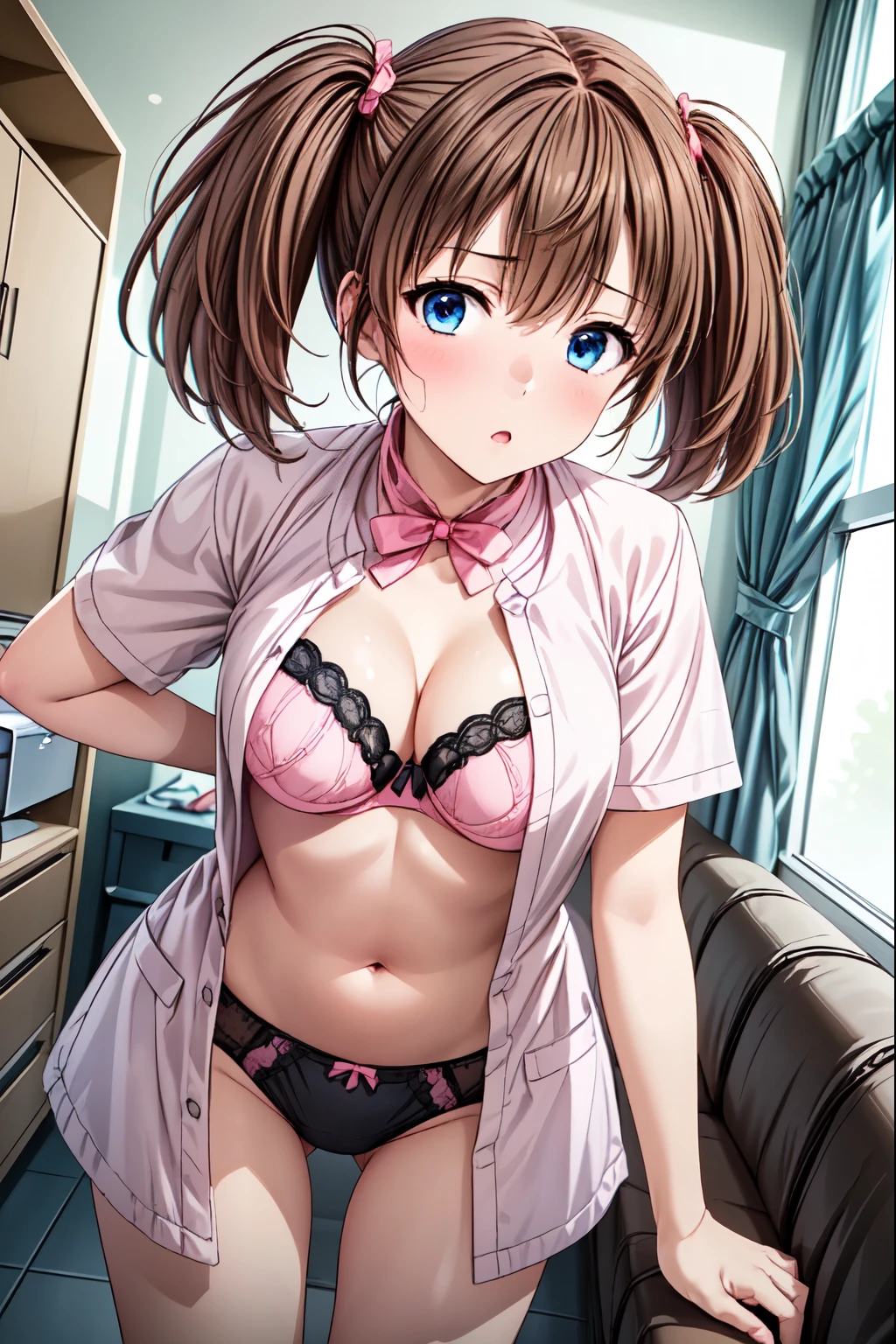  best quality、 high image quality、( one girl、solo:1.5)、difficult、 Tomochka Dannoura、Brown Hair、( blue eyes)、 twin tails、Shut your mouth、( black underwear、  pink underwear:1.5)、( pink underwear :1.15), White Coat、White handbag、White clothes、8kイメージ、 standing、Hospital room、 sharp、Short sleeve、 best quality、4K. 8k, ( real, Genuine, 写真 real:1.5 )、 Highly Detailed CG、(Perfect hands、 perfect anatomy )、（ slouching forward:1.5）