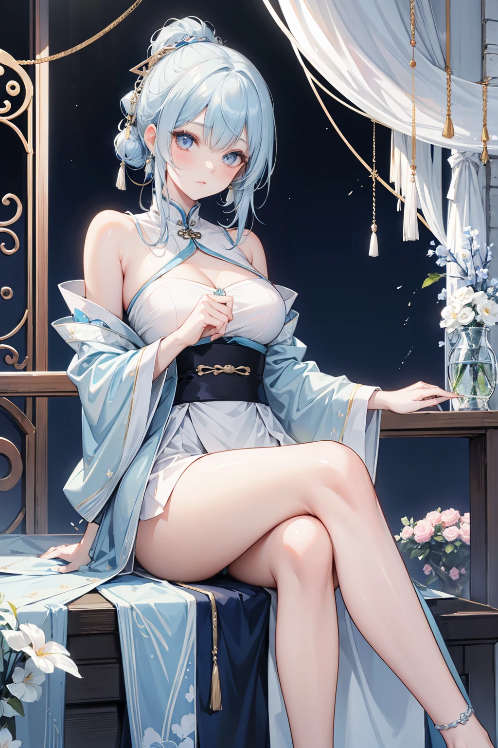beautiful, masterpiece, Highest quality, anime, One girl, C Cup,Portrait Shot, View your viewers, Covered、Short Hair、nearby、Blue Eyes、art、、White hair,Blue streaked hair、wallpaper、hairpin、Cute smile、Thighs、、Cute、