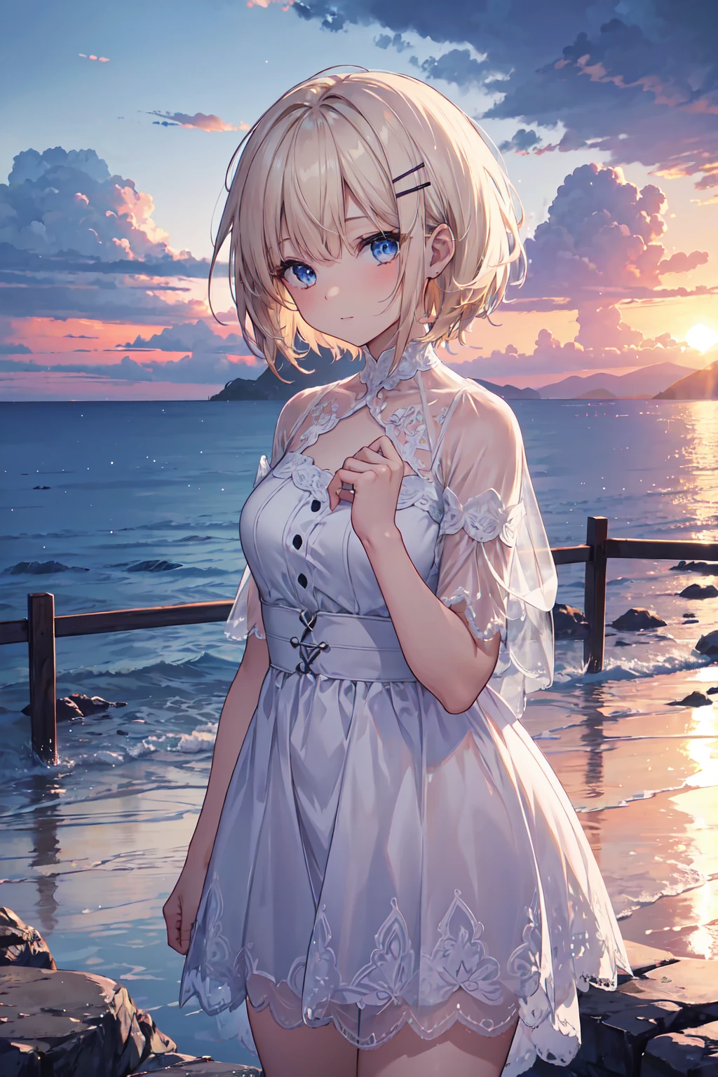 (Sunset Scene, Soft lighting, High saturation):1.4, Vivid lighting, Enchanting elegance, Atmospheric Depth, Great technology, Naturalistic representation, Harmonious composition, Creative refinement, Striking contrast, (One beautiful girl), smile, Expose, white bob hair ,Volumetric Fog, Outdoor, Backlight, Small breasts, short hair