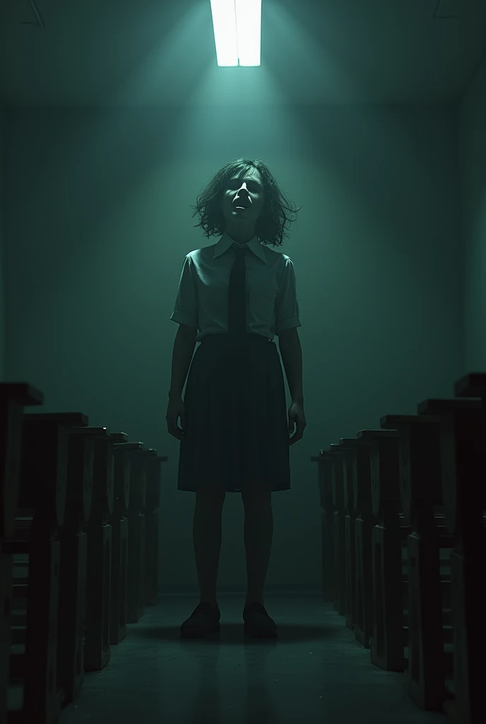 A dark-toned image, where the ghostly figure of a sinister young girl with torn school clothes can barely be seen in a school classroom, His pale face emerging from the shadows with a macabre smile, and a light mist covering the ground, which creates an atmosphere of mystery and terror.