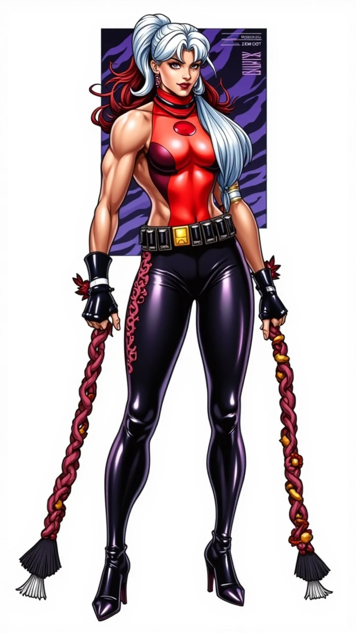 woman, curly red pixie cut hair, green eyes, wearing crop top black shirt, red plaid skirt, (black knee high boots), black fingerless gloves, exposed shoulders, thick thighs, (full body), large breasts, freckles, cleavage, abs, looking at viewer, masterpiece, best quality