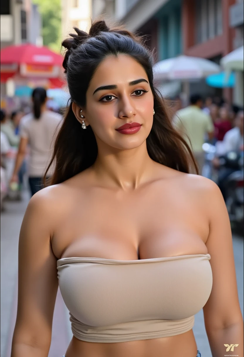 From above front view. portrait of a gorgeous Indian woman , age 23, wavy hair. 
she’s a playboy magazine model. She has a subtle smile and flirts with the camera. 
(She's dressed  with a strapless blouse and jeans. She's standing on a crowded streets of india)

perfect eyes, perfect hands, perfect body, perfect hair, perfect breast, hair behind ear, blurry foreground, UHD, retina, masterpiece, accurate, anatomically correct, textured skin, super detail, high details, high quality, award winning, best quality, highres, 16k, 8k