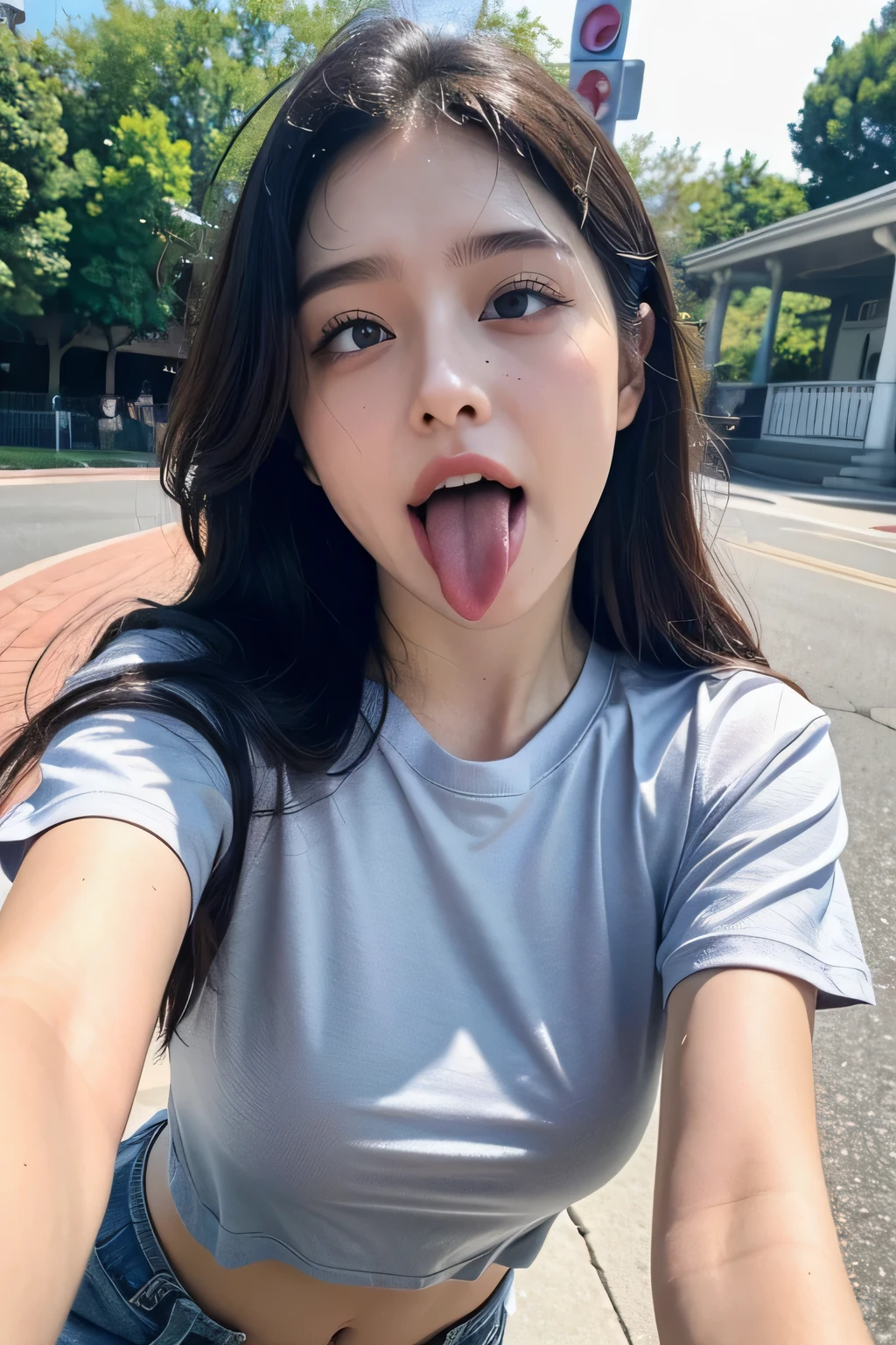 1 girl , table top in front of you,,Award-winning photo, very detailed, face close-up 、 in front of the park's public restroom entrance, Nose and mouth, face focus, woman with her mouth open and eyes closed , Face Focus Close-up、age: 18 ,Black-haired、Symmetrical face, Insulated、 angle from below、Extended C-shaped nostrils 、 I sweated skin、 I sweated, lighting to highlight shiny skin、((( loose fit t-shirt , Shorts),)) I sweated, shiny skin、shiny skin、 big eyes、 double eyelids、( My Tongue Is Wet and Glowing) ((Wet tongue)) ((Face close-up)) Disneyland,Taylor Hill, hyperrealistic ,real skin、Nogizaka Members,