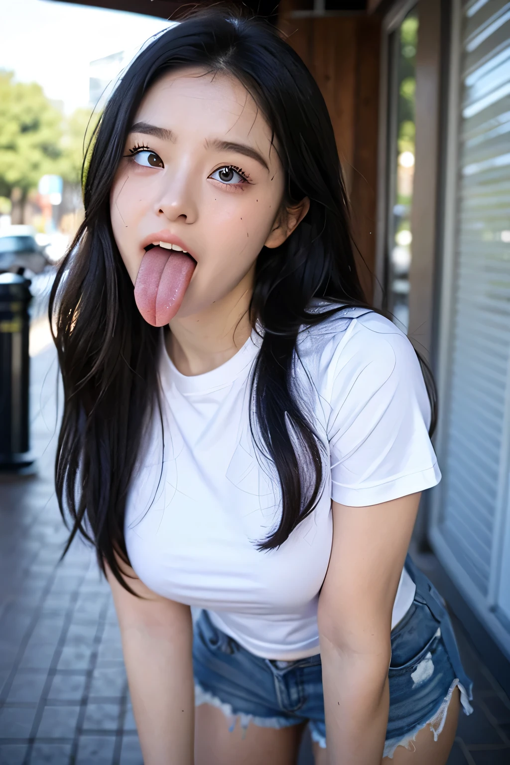 1 girl , table top in front of you,,Award-winning photo, very detailed, face close-up 、 in front of the park's public restroom entrance, Nose and mouth, face focus, woman with her mouth open and eyes closed , Face Focus Close-up、age: 18 ,Black-haired、Symmetrical face, Insulated、 angle from below、Extended C-shaped nostrils 、 I sweated skin、 I sweated, lighting to highlight shiny skin、((( loose fit t-shirt , Shorts),)) I sweated, shiny skin、shiny skin、 big eyes、 double eyelids、( My Tongue Is Wet and Glowing) ((Wet tongue)) ((Face close-up)) Disneyland,Taylor Hill, hyperrealistic ,real skin、Nogizaka Members,