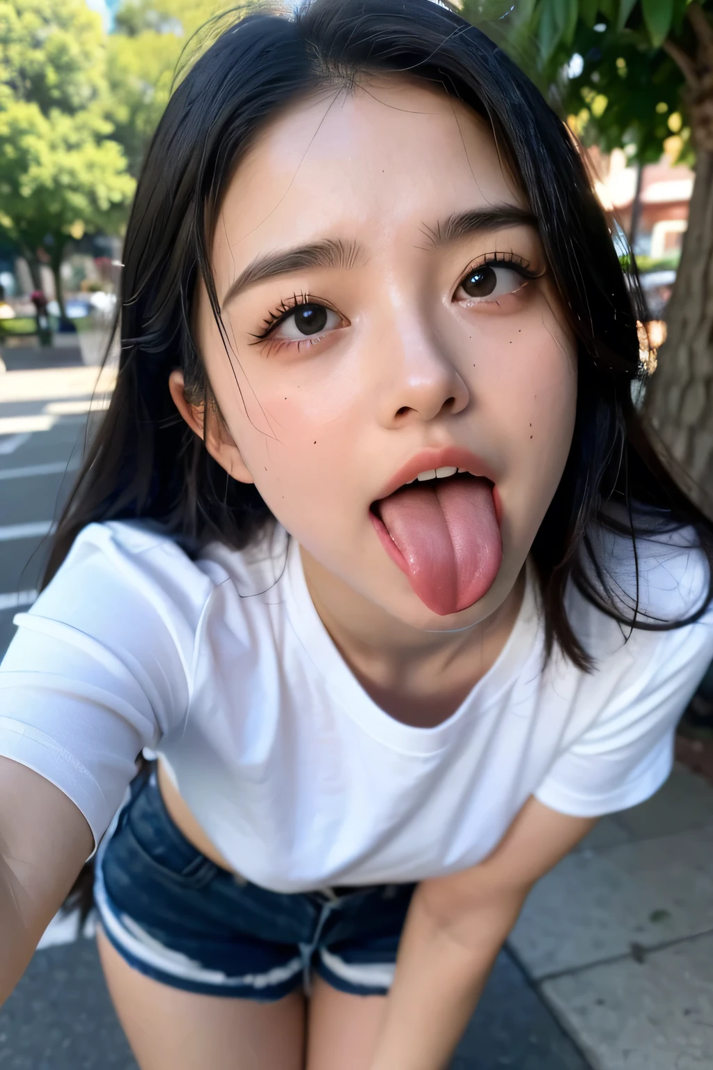 1 girl , table top in front of you,,Award-winning photo, very detailed, face close-up 、 in front of the park's public restroom entrance, Nose and mouth, face focus, woman with her mouth open and eyes closed , Face Focus Close-up、age: 18 ,Black-haired、Symmetrical face, Insulated、 angle from below、Extended C-shaped nostrils 、 I sweated skin、 I sweated, lighting to highlight shiny skin、((( loose fit t-shirt , Shorts),)) I sweated, shiny skin、shiny skin、 big eyes、 double eyelids、( My Tongue Is Wet and Glowing) ((Wet tongue)) ((Face close-up)) Disneyland,Taylor Hill, hyperrealistic ,real skin、Nogizaka Members,