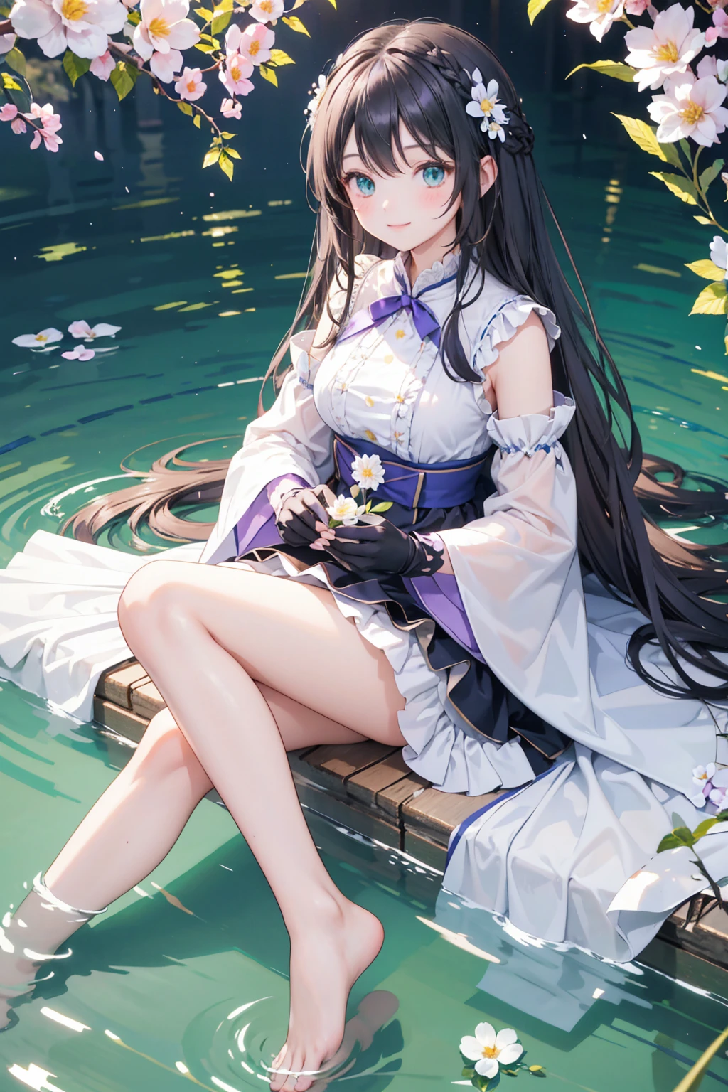 full_moon, leaf, moon, plant, potted_plant, bamboo, 1girl, palm_tree, butterfly, bug, water, tanabata, branch, barefoot, night, lily_pad, tanzaku, soaking_feet, vines, solo, outdoors, tree, sitting, black_hair, long_hair, wet, flower, smile, ivy, green_eyes, dress, lily_of_the_valley, sky, hair_ornament, bangs, blue_butterfly, bare_legs, looking_at_viewer, long_sleeves, nail_polish, palm_leaf