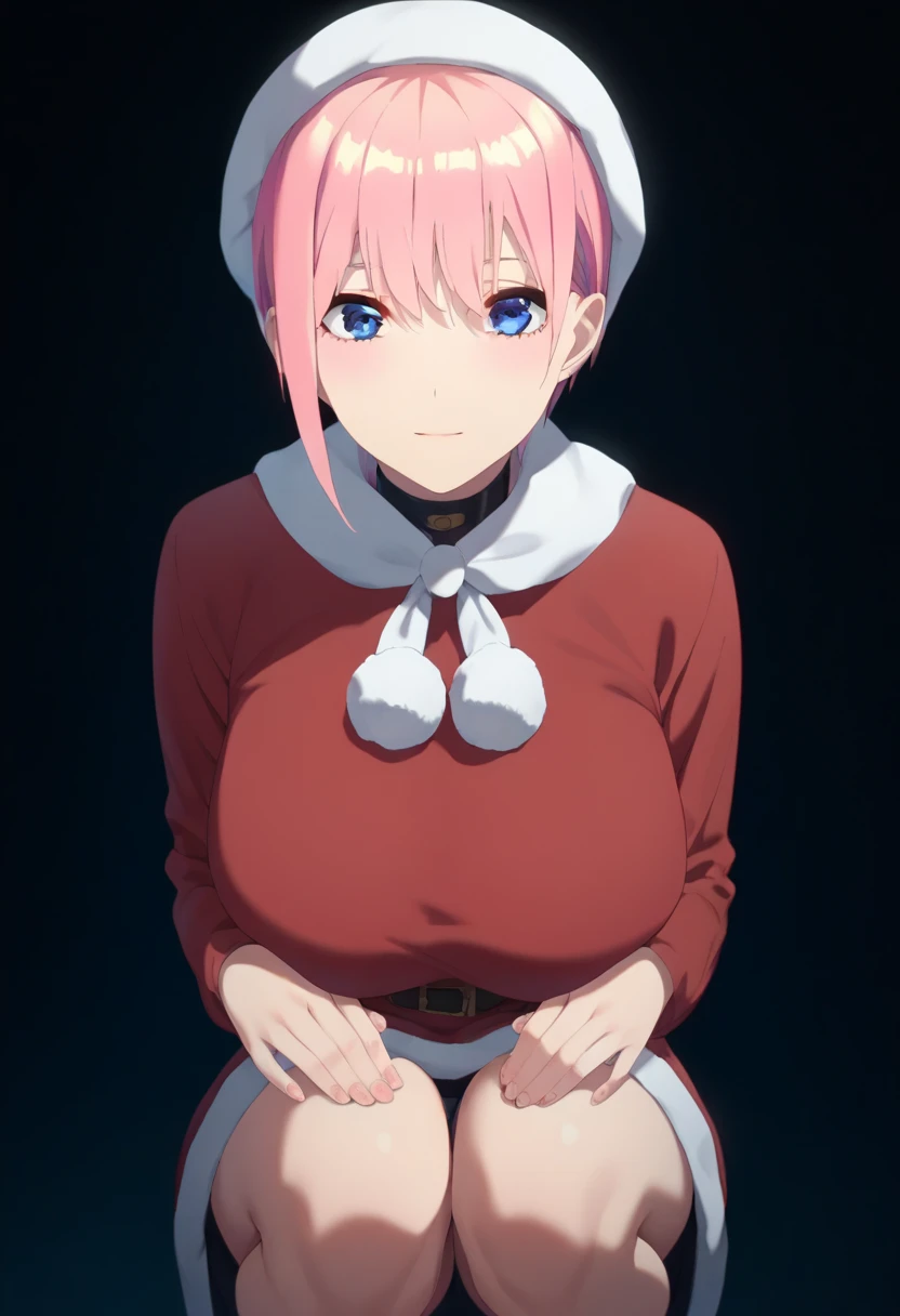 ichika nakano, short hair, bangs, blue eyes, hair between eyes, pink hair, face forward、 huge breasts、valley、Crouching、(Put your hands on your knees)、 Santa Claus cosplay、 bust、Winter Town