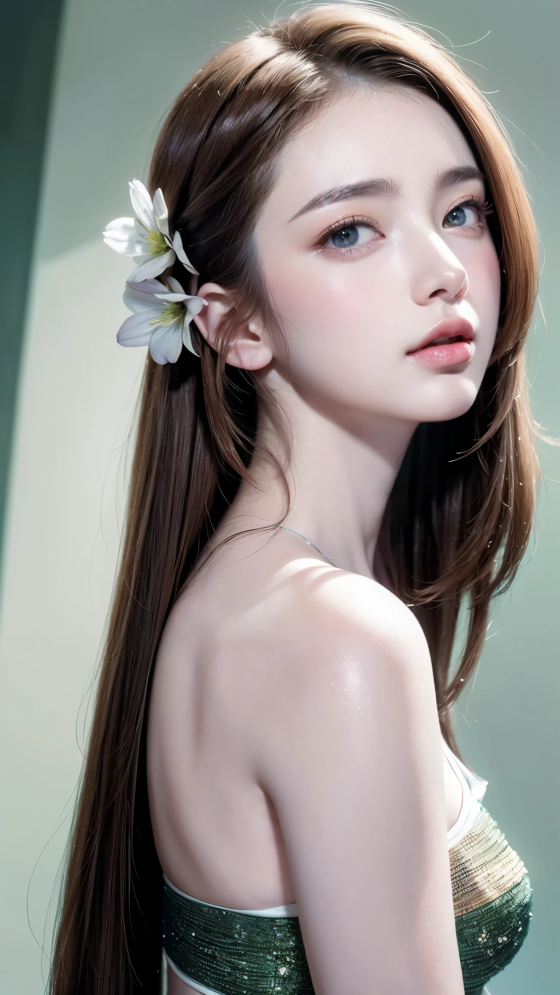(masterpiece:1.2), (Pale skin:1.2), (alone:1.2), (woman:1.1), (Highlighted lines:1.3), blue eyes, Gradient Eye, Green Eyes, (Brunette:1.3), (Put flowers in your hair:1.1), Exposing shoulders, Scapula