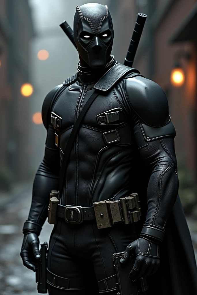 A superhero in a black suit like Deadpool&#39;s, only without a belt and a better mask. 