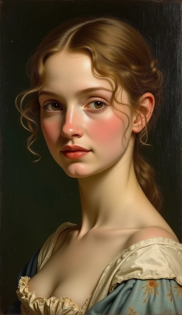 American twelve year old girl from the 1860’s with blue eyes ,yellow hair curling in her shoulders ,pale and slender and flat nose with an 1860’s modest girl dress