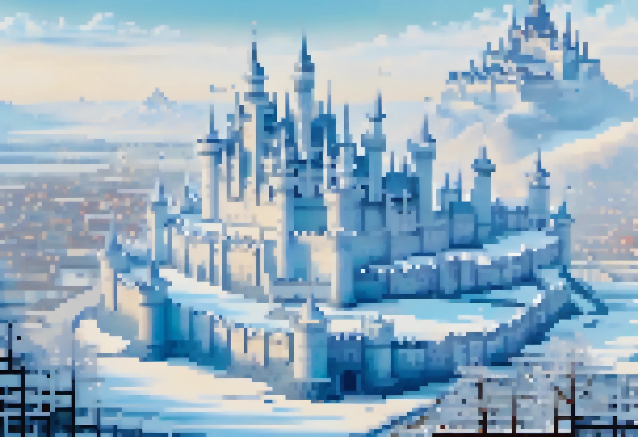 Masterpiece, top quality, intricate, digital painting, shadow, landscape, fantasy, pixel art, winter, icy world, pale blue castle made of transparent ice, flag, castle surrounded by castle town, brick cityscape in background