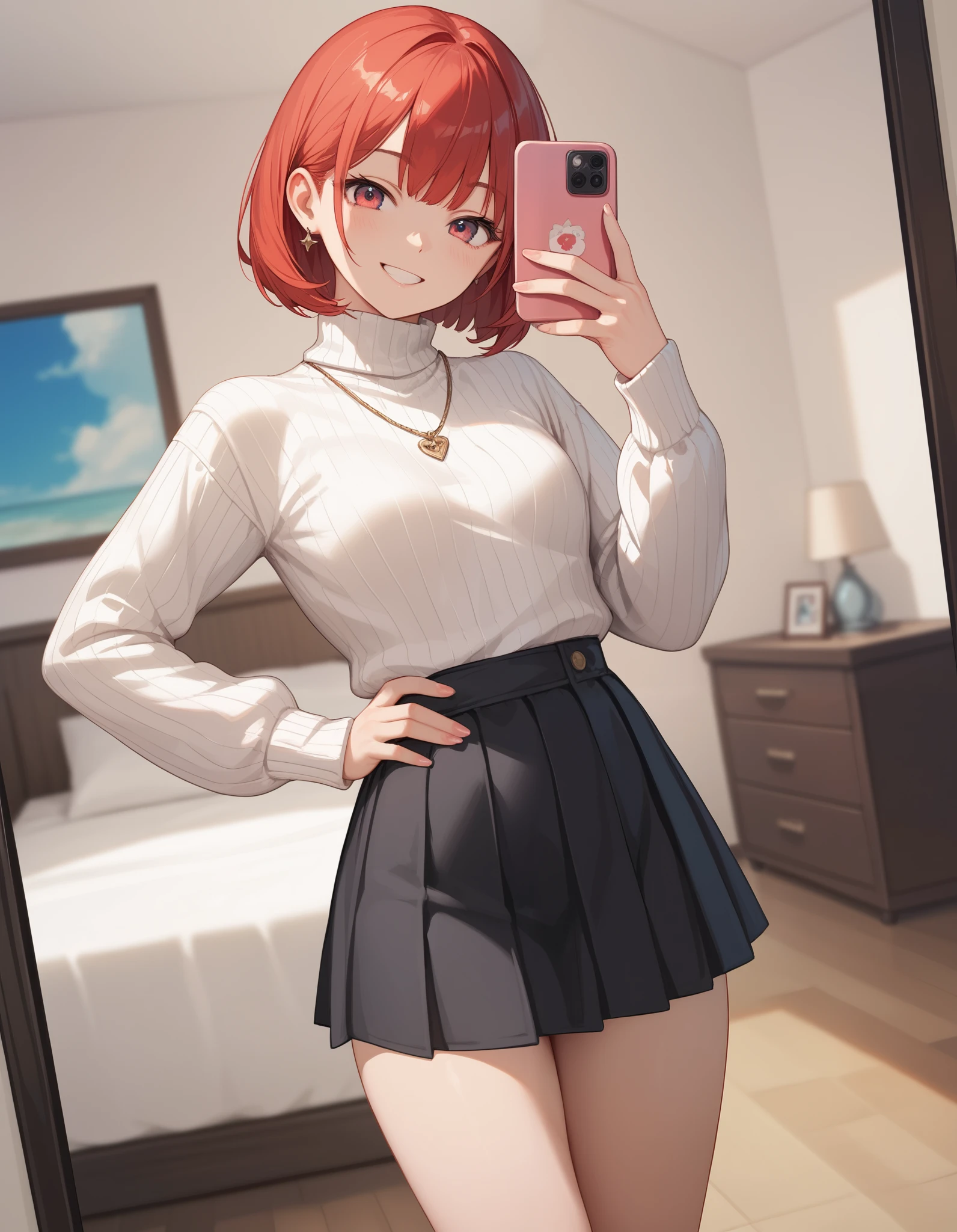 (masterpiece, best quality, long shot, detailed finger), anime style, Selfie angle, 1 woman, 29 years old, small breast, red bob hair, white loose turtleneck sweater, black skirts, short boots, in her room, hand on waist, little smile