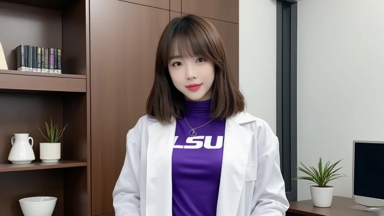 highest quality,Very detailed,finely,High resolution,8k wallpaper,Perfect dynamic composition,Office Lady,whole body,Are standing,knit,turtleneck, Straight Hair,Shedding bangs,finelyて美しい目,Natural Lip,smile, a beautiful, wearing a purple t-shirt, white professor's robe, office room ,where there is a computer, her full body is straight forward, use tshirt with text "LSU", korean girl idol cute