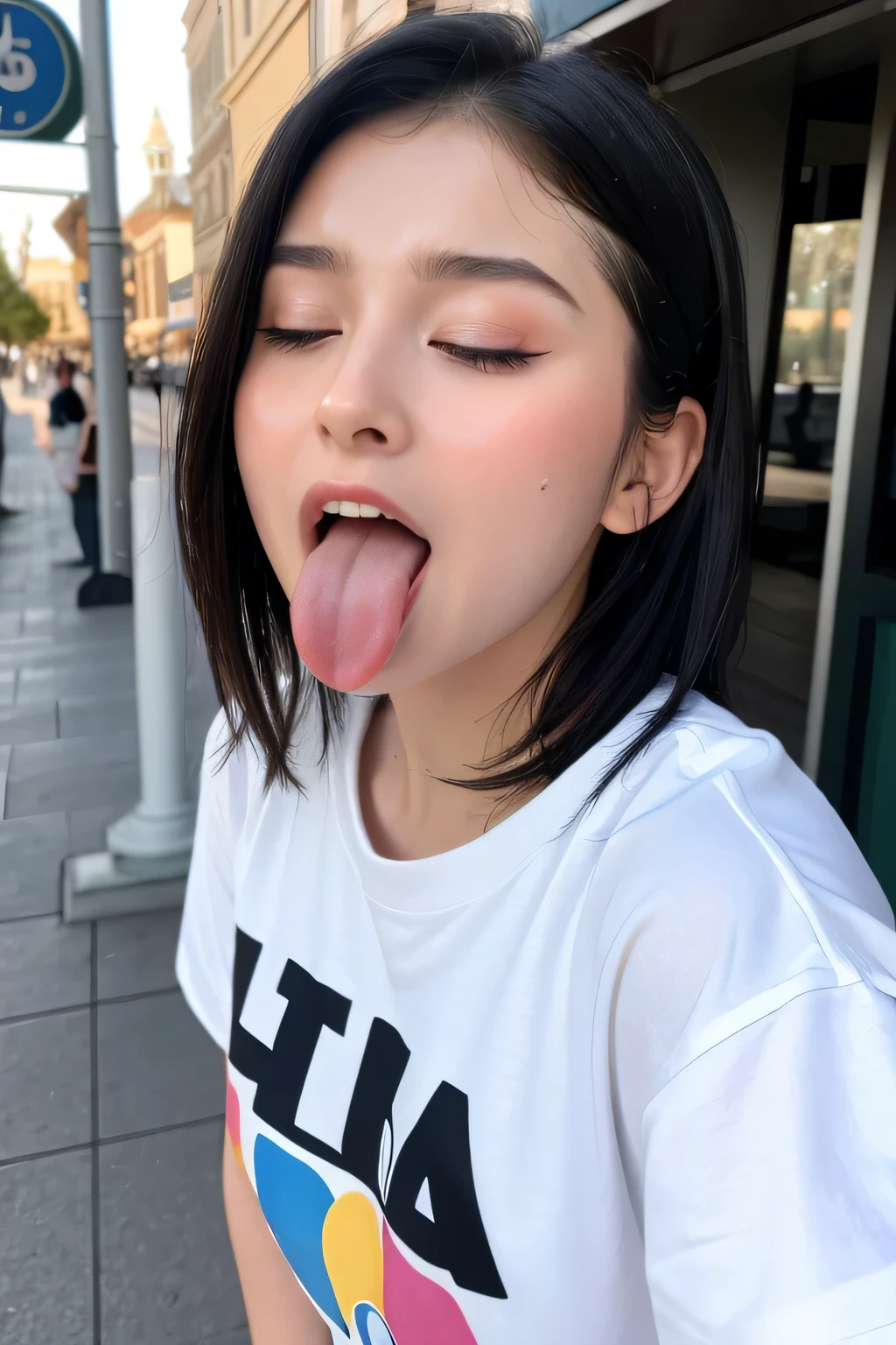 1 girl , table top in front of you,,Award-winning photo, very detailed, face close-up 、 in front of the park's public restroom entrance, Nose and mouth, face focus, woman with her mouth open and eyes closed , Face Focus Close-up、age: 18 ,Black-haired、Symmetrical face, Insulated、 angle from below、Extended C-shaped nostrils 、 I sweated skin、 I sweated, lighting to highlight shiny skin、((( loose fit t-shirt , Shorts),)) I sweated, shiny skin、shiny skin、 big eyes、 double eyelids、( My Tongue Is Wet and Glowing) ((Wet tongue)) ((Face close-up)) Disneyland,Taylor Hill, hyperrealistic ,real skin、Nogizaka Members,