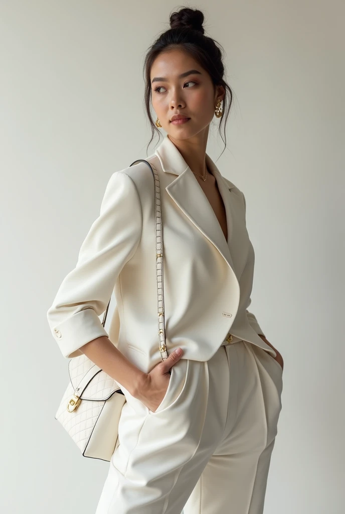 Gorgeous woman, twenty five years old, Indonesian, she is a top model, stylish, fashionable, unique modeling pose, white scarf paired with white mini tunic, sun glasses, Jakarta city downtown 