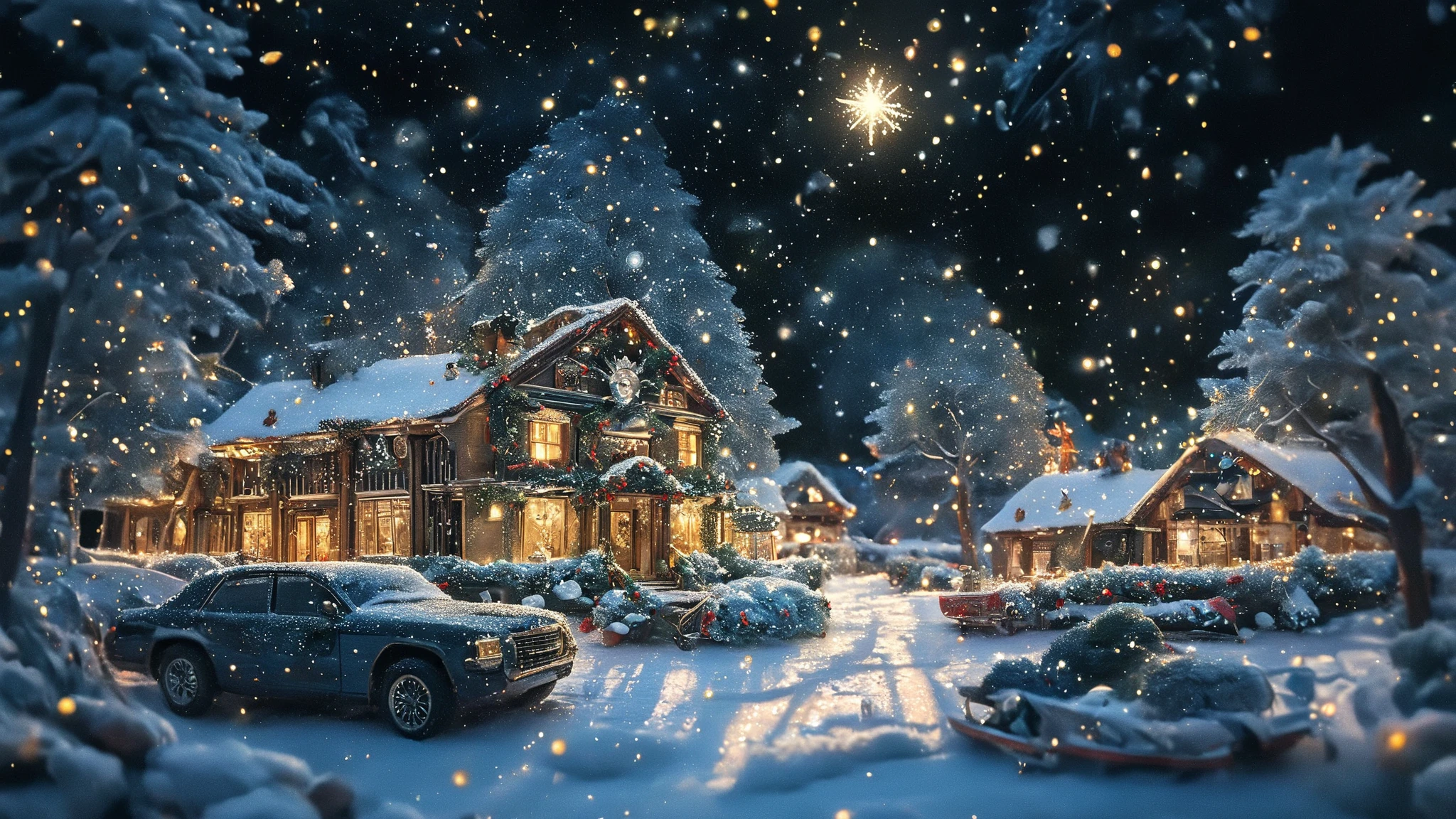 8k,wallpaper of extremely detailed CG unit, ​masterpiece,hight resolution,top-quality,top-quality real texture skin,hyper realisitic,increase the resolution,RAW photos,best qualtiy,highly detailed,the wallpaper,cinematic lighting,ray trace,golden ratio, BREAK ,((chill, lo-fi)), Rudolph\( Red-Nosed Reindeer\) and Frosty the Snowman\(corncob pipe, button nose, coal eyes,an old silk hat\) in the front of beautiful Christmas tree, starry night, 4str0