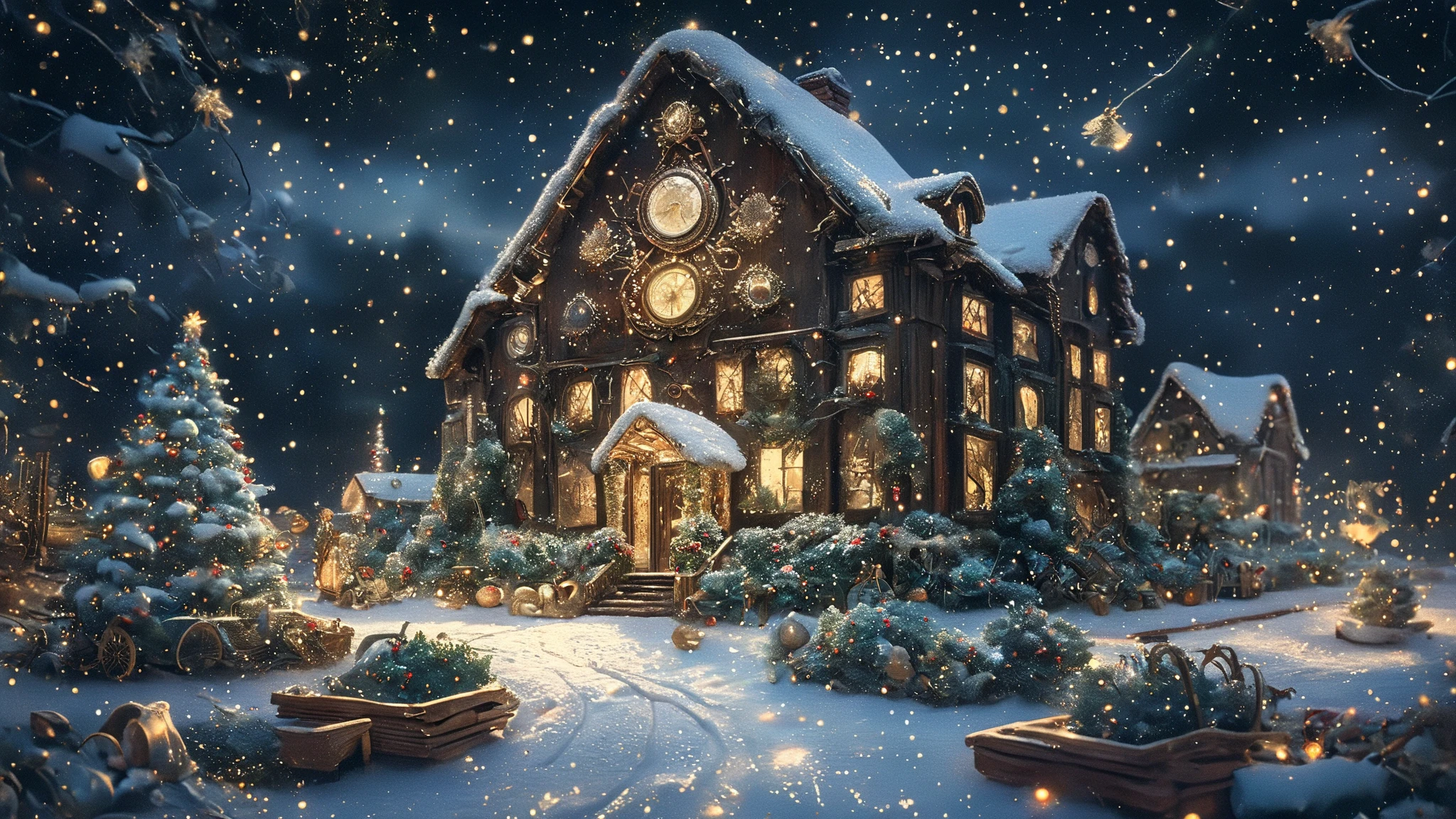 8k,wallpaper of extremely detailed CG unit, ​masterpiece,hight resolution,top-quality,top-quality real texture skin,hyper realisitic,increase the resolution,RAW photos,best qualtiy,highly detailed,the wallpaper,cinematic lighting,ray trace,golden ratio, BREAK ,((chill, lo-fi)), Rudolph\( Red-Nosed Reindeer\) and Frosty the Snowman\(corncob pipe, button nose, coal eyes,an old silk hat\) in the front of beautiful Christmas tree, starry night, 4str0