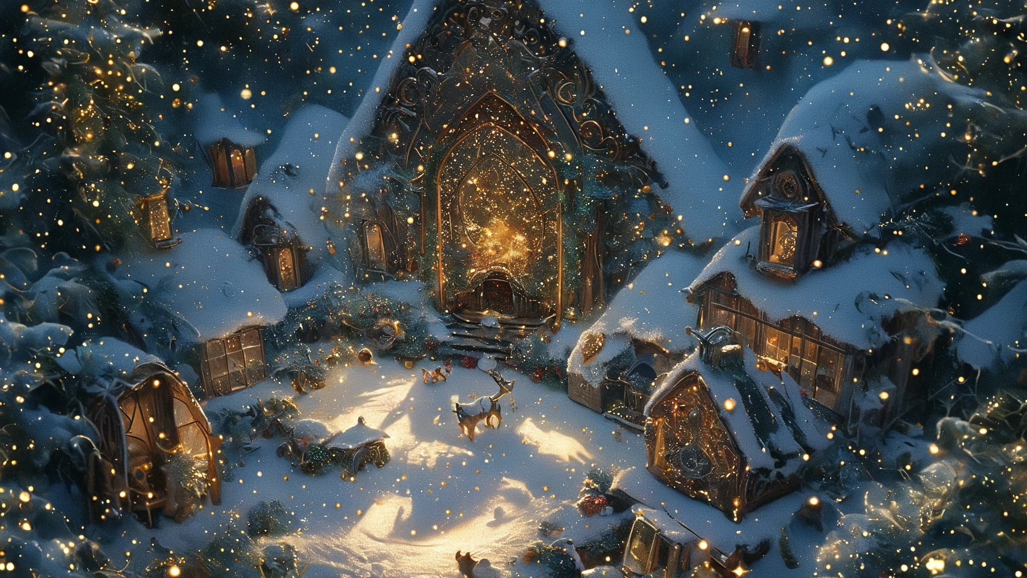 8k,wallpaper of extremely detailed CG unit, ​masterpiece,hight resolution,top-quality,top-quality real texture skin,hyper realisitic,increase the resolution,RAW photos,best qualtiy,highly detailed,the wallpaper,cinematic lighting,ray trace,golden ratio, BREAK ,((chill, lo-fi)), Rudolph\( Red-Nosed Reindeer\) and Frosty the Snowman\(corncob pipe, button nose, coal eyes,an old silk hat\) in the front of beautiful Christmas tree, starry night, 4str0