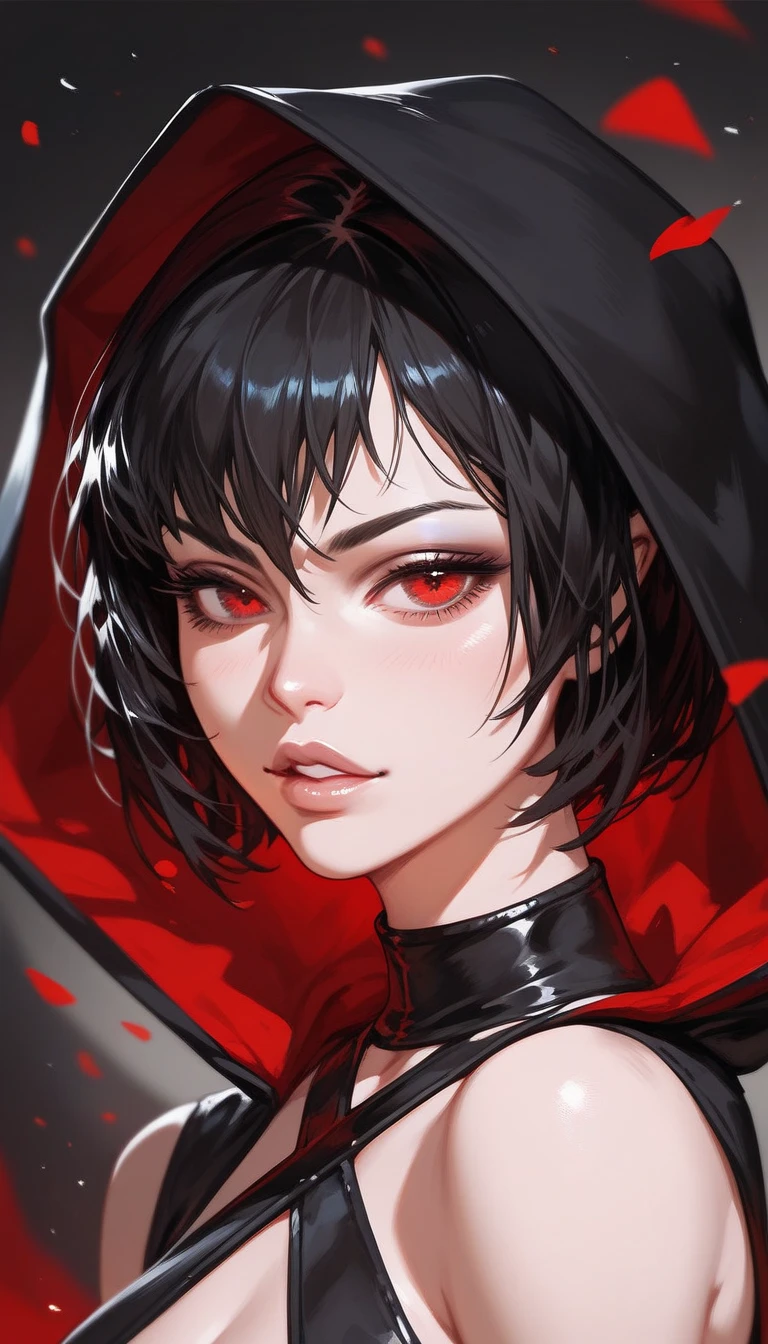 girl,Short hair, in red eyes ,Black hair, villains,beautiful,Long black blouse with a hood,In a criss-cross ,Evil,Chapped lips 