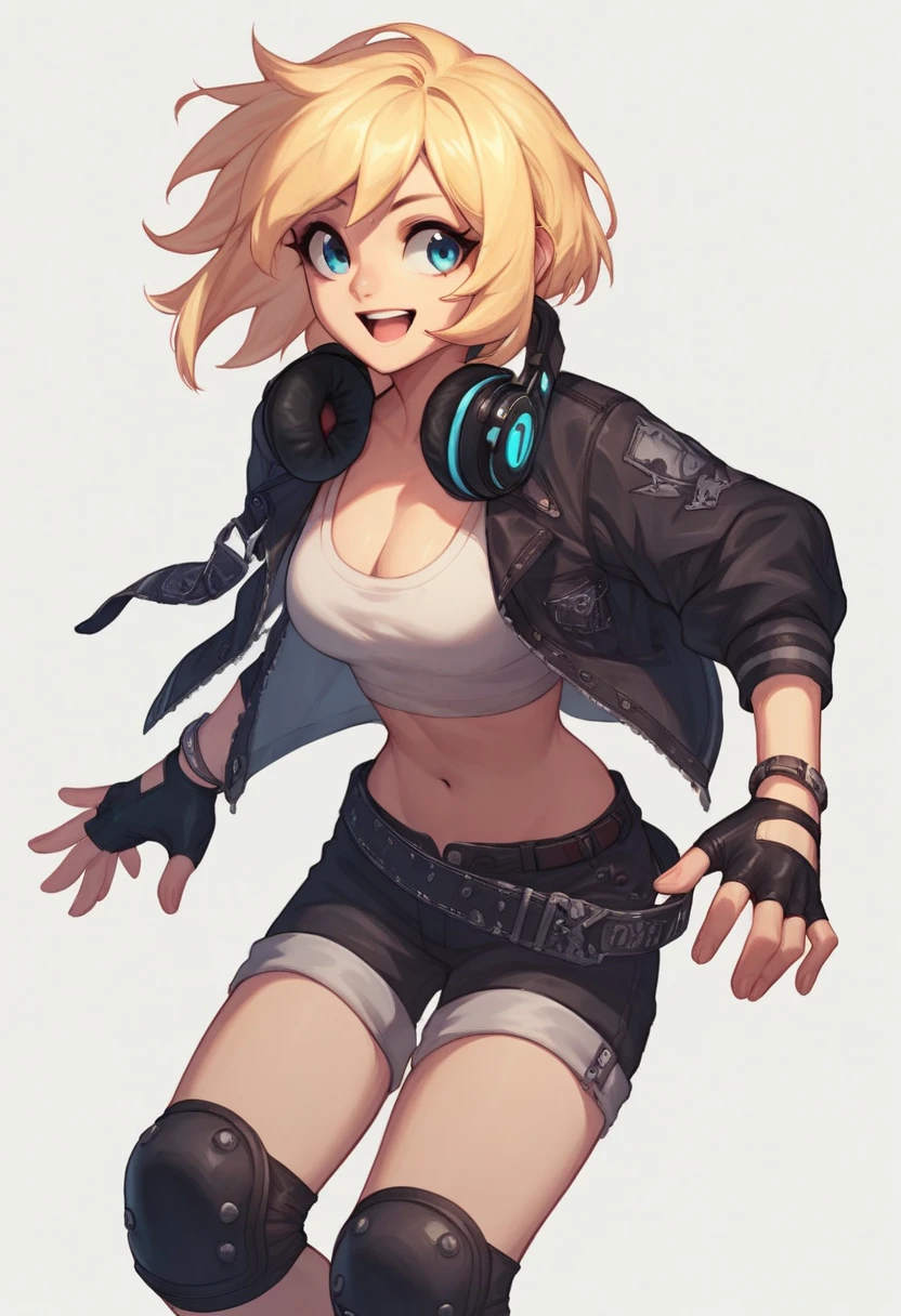 amy_firstwing, 1girl, blue eyes, shorts, solo, gloves, jacket, blonde hair, navel, belt, open clothes, black gloves, headphones, black jacket, knee pads, fingerless gloves, white background, smile, headphones around neck, open mouth, open jacket, cleavage, midriff,