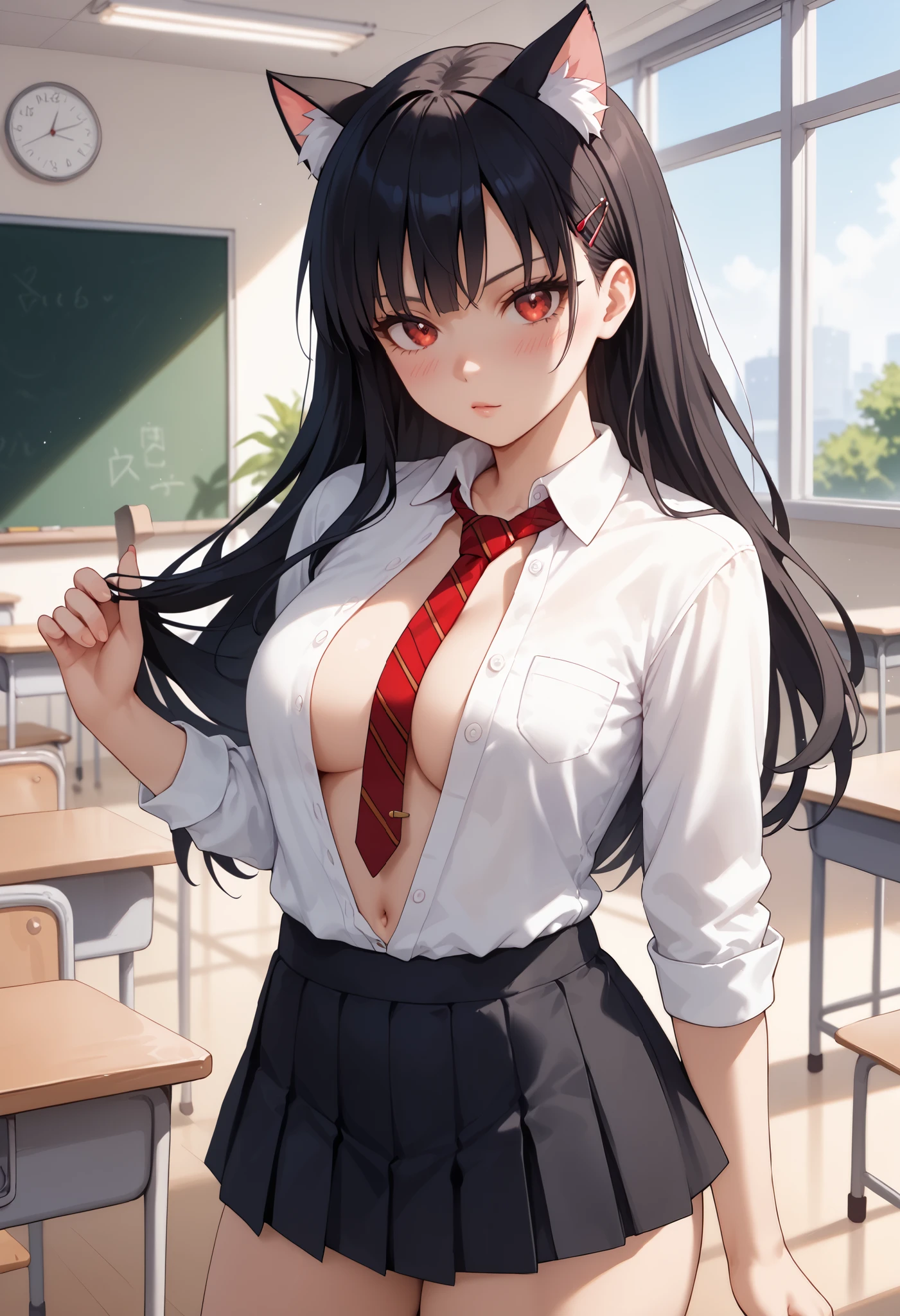  Perfect CG Unity 8K UHD image,  Perfect CG Unity 8K UHD image,  absurdres,  better quality , 1 girl, Alone, (junkotvvxl, cat ears, symmetrical fringe ),  looking at viewer ,    red eyes , Pupilas brillantes,  white collar shirt , black mini skirt with pleats ,  long black hair, red eyes, Pupilas brillantes, clavicle, (( unbuttoned shirt)), Standing, neckline, open blouse, unbuttoned blouse,  inner side chest , clavicle, ((without support)), classroom, por la noche, blush,  exposed navel,  tie between breasts , Single, underwear