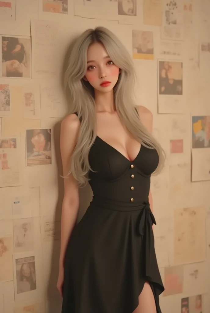 masterpiece, ultra detail, 8k, ((1 Russian girl full body, dynamic angle:1.8)), ((white  hair)), nostalgic, (F cup tits:1.5), (magnificent view:1.2), 1 girl, shiny skin, masterpiece, ultra detail, 8k, 1 girl, droopy eyes, E cup tits, big hip, ((pop art)), (((ultra nostalgic:1.8))), “A movie screen from the 1970s”, Style Beauty，author：conrad roset a cool girl，Lack of metal，Surreal minimalist shadows，Flat illustration, Luo Erchun, A surreal fashion photoshoot featuring a slender model in a voluminous black dress. The setting is minimalist with a muted beige background, emphasizing the striking contrast. The atmosphere is elegant and avant-garde, perfect for a high-fashion editorial.