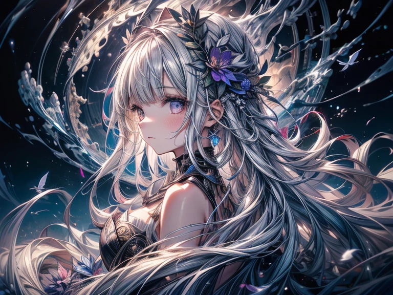  Bust,  wave,  1 girl,  no .18,  Very Long Hair , Silver slit dress, 
Flowers Bloom,  milky way, Spiral Nebula, bird,  Dreamy,
 best quality,   Masterpiece ,  super high resolution, shape, Deep shadow, Rim Light, 