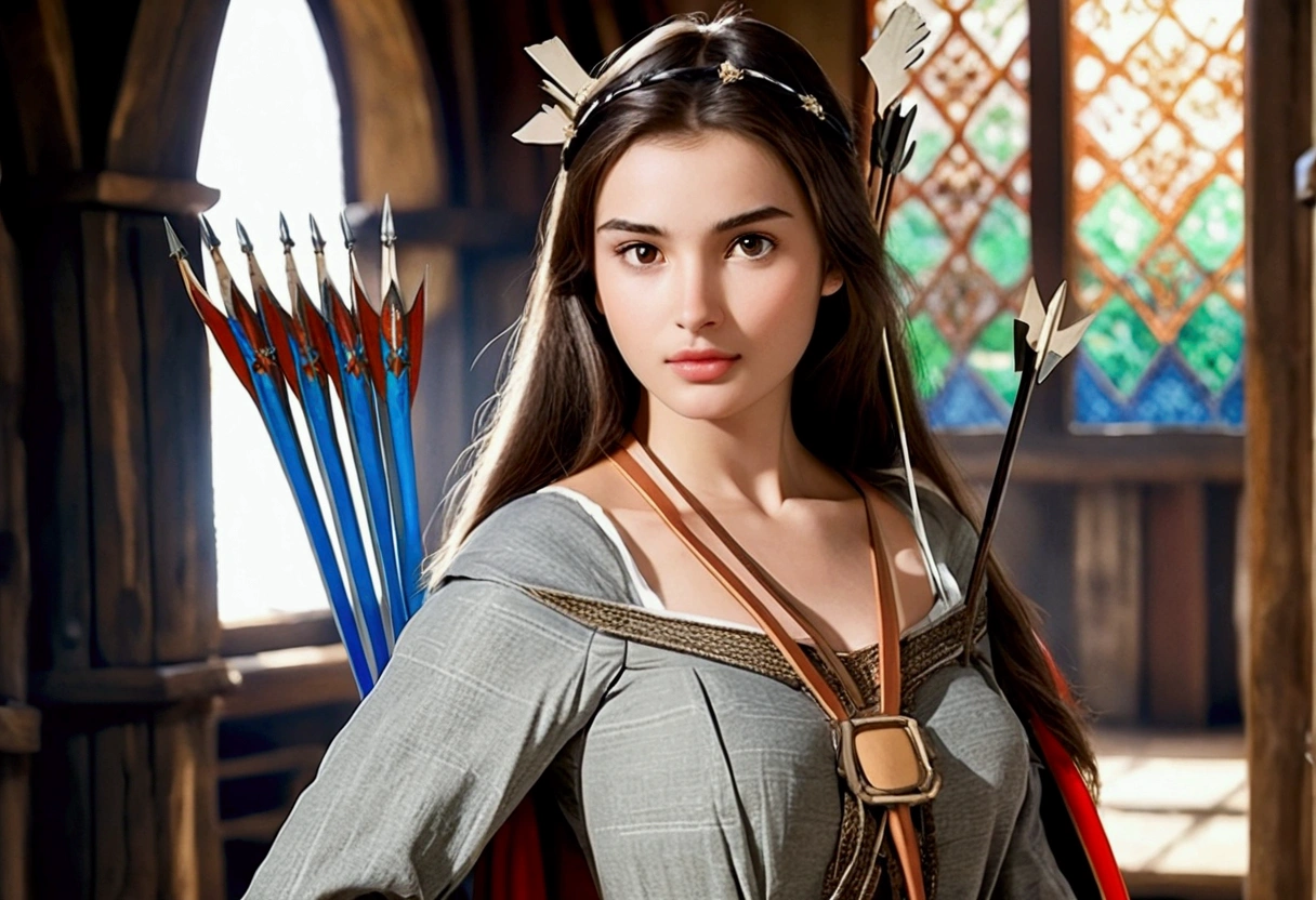 18 years old girl in medieval dress, wchit bow and quiver full of arrow. Full body, tall, brown eyes, brown hair, fair skin 