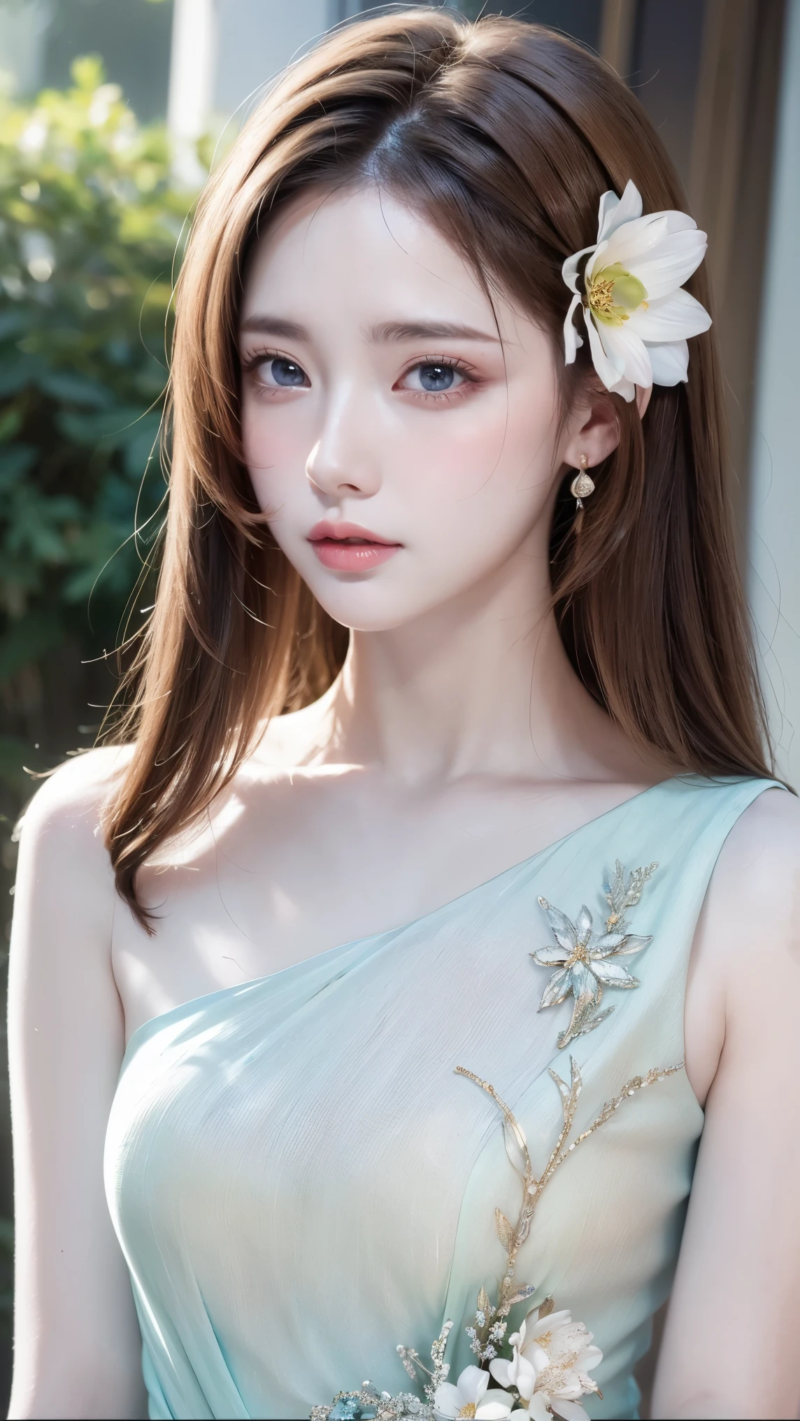 (masterpiece:1.2), (Pale skin:1.2), (alone:1.2), (woman:1.1), (Highlighted lines:1.3), blue eyes, Gradient Eye, Green Eyes, (Brunette:1.3), (Put flowers in your hair:1.1), Exposing shoulders, Scapula