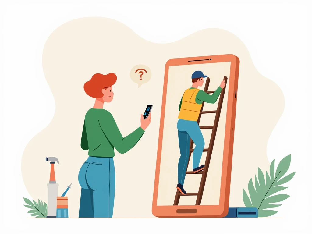 An illustration in a modern, flat, and minimalist style. A woman with short red hair, wearing a green top and jeans, stands next to an oversized smartphone. She is trying to call an electrician, displayed on the smartphone screen, who is shown working up a ladder and unable to answer his phone. The background includes subtle details like tools and a workspace to suggest the setting is related to electrical work. The colours are soft and inviting, with clean lines and smooth gradients, maintaining a professional yet approachable tone. Icons like a missed call or notification badge subtly emphasise the unavailability of the electrician.