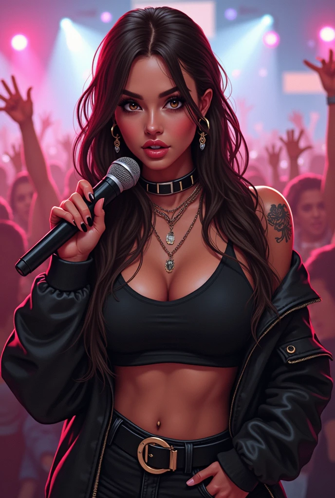 Make an anime style drawing of a white American woman with long brown hair and brown eyes and fairly big breasts. She is on a stage performing for a lot of people. She is in a very tight, small, revealing, and short black outfit with a very small short skirt and a a very revealing, small, tight, and skimp black top that shows the outlines of her nipples. There are lots of people in the crowd and she is holding a microphone.