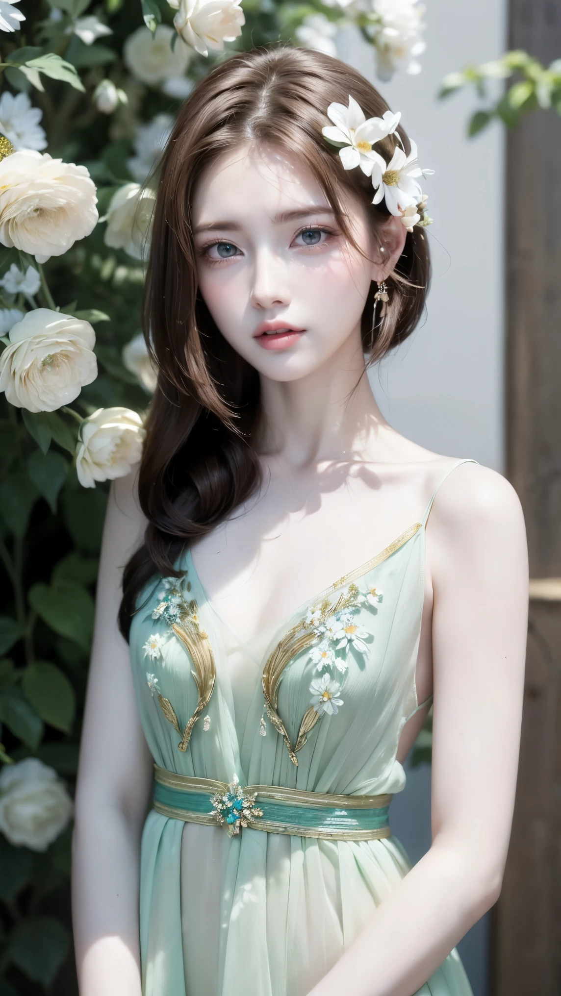 (masterpiece:1.2), (Pale skin:1.2), (alone:1.2), (woman:1.1), (Highlighted lines:1.3), blue eyes, Gradient Eye, Green Eyes, Standing, (Brunette:1.3), (Put flowers in your hair:1.1), Exposing shoulders, Scapula