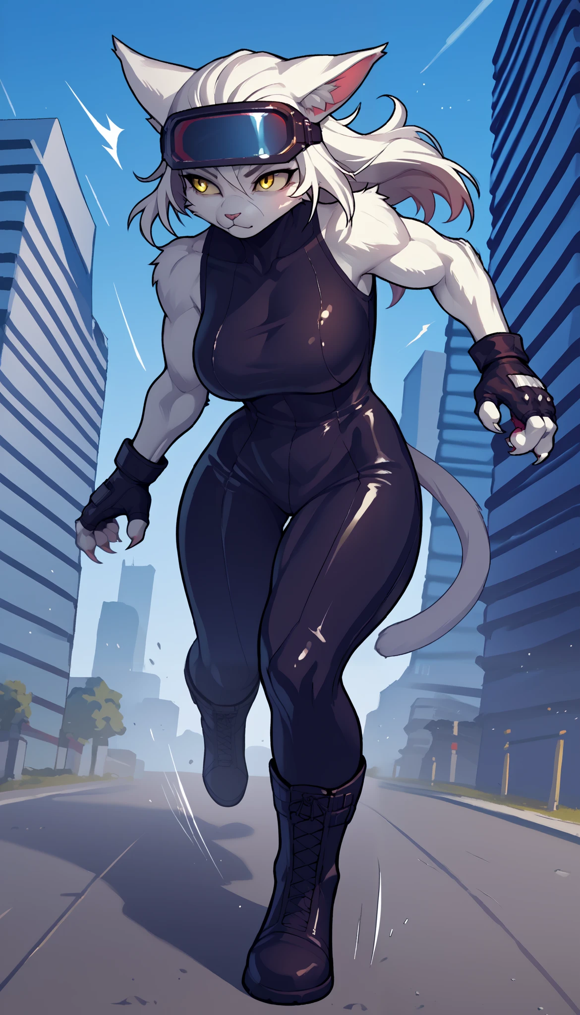 (zPDXL2), (PonyXLV6_Scores), source_anime, source_anthro, source_furry, rating_explicit, Expressiveh, full body portrait shot, asymmetric image, BREAK
lhata4564,
1girl, Furry, White cat girl, curvy, (black goggles, visor, AI assistant), red long hair, cat tail, yellow eyes, black leather suit, sleeveless, black/red fingerless gloves, black boots, running in the city, motion, motion lines