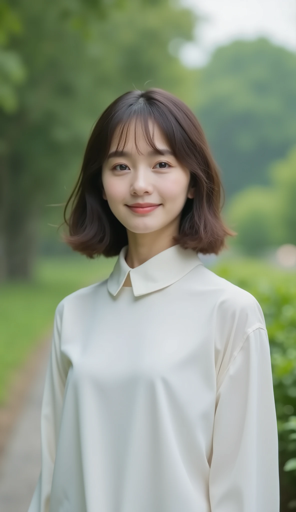 (japanes),(32years old), (Slender woman), (small tits),(Slender eyes),Narrow-eyed,Single eyelid,(nerdy),(nerd),(Sober face),(Modest and inconspicuous face),(She is short in stature),(She wears almost no makeup),Natural makeup,thin lipss,Smiling,The length of hair to the shoulders,Black hair,Bangs are as long as eyebrows, The forehead is hidden by bangs,(She is in a well-lit park),(She has small breasts), (((She wears a big navy blue t-shirt))), ((She wears a long skirt in beige)), (Photorealistic), (Ray tracing), (Sharp Focus), 鎖骨, (Detailed face), natural and realistic skin textures, Soft face, (((Cameltoe))),((perfect anatomia:1.4))