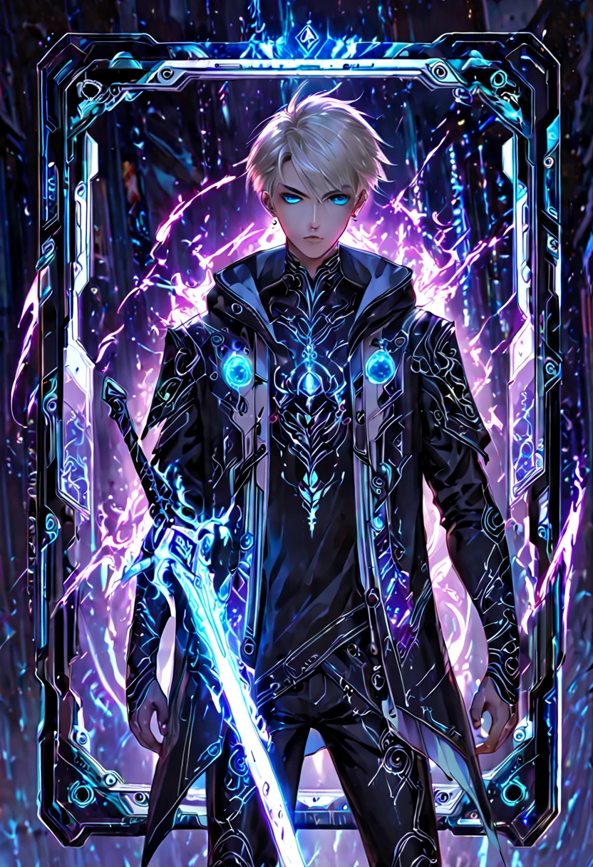 armed,weapon, holding weapon,stylish boy, beauty face, fantasy character, aura art, ethereal atomosphere,interface design, digital artwork, futuristic design, glow neon, glow button, inside futuristic rectangular frame, he fight with glowing sword, global illuminaton, energy burst from sword,