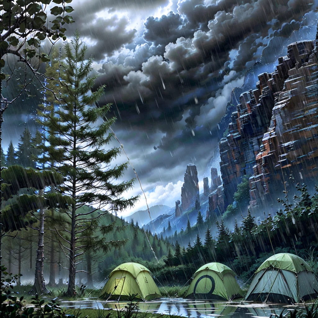 Camping and tents in heavy rain, dark sky