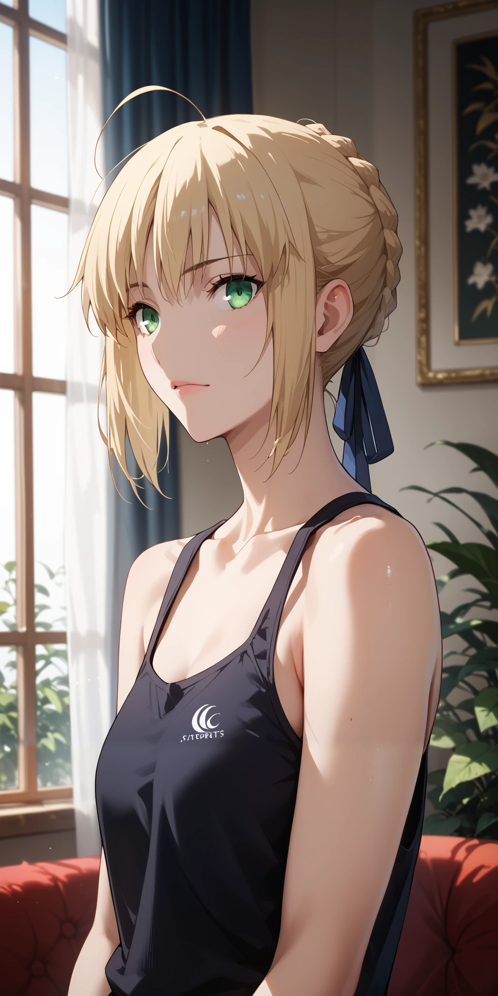 Score_9, Score_8_up, Score_7_up, Source_anime, anime art, anime style, very aesthetic, masterpiece, high quality, 1girl, female, tank top, SaberFS, blonde hair, green eyes, short hair, french braid, ahoge, soft light, looking at viewer